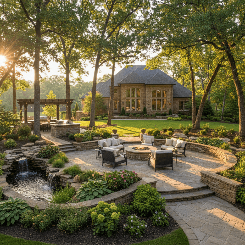 Custom outdoor living space with hardscaping