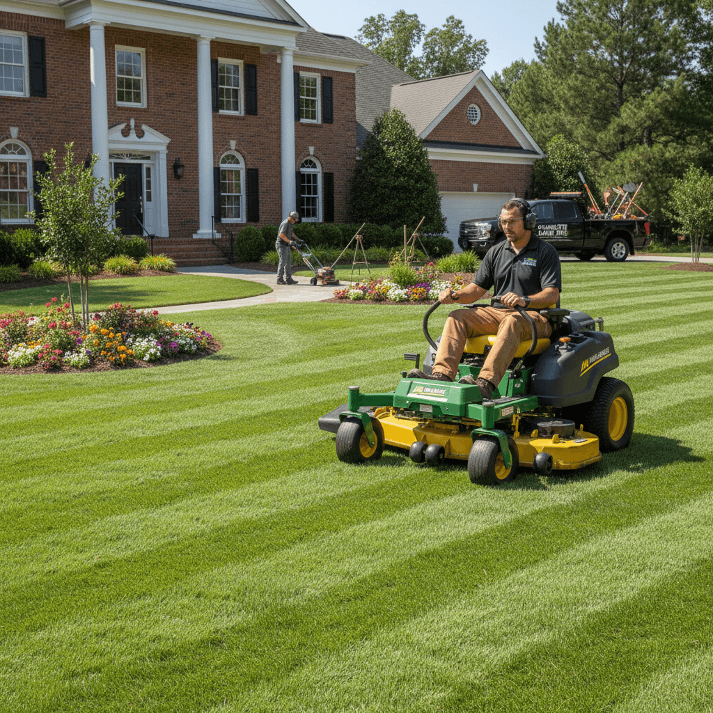 Professional lawn maintenance with commercial equipment