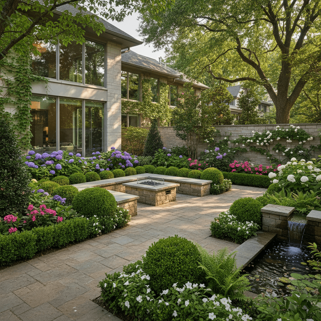 Finished patio landscape with mature plantings