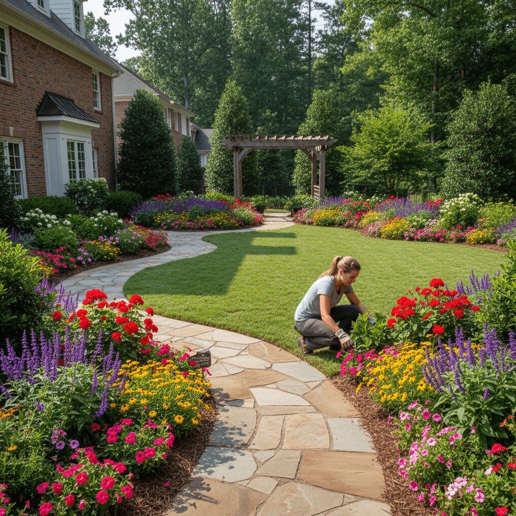 Residential backyard landscape design with garden beds and pathway